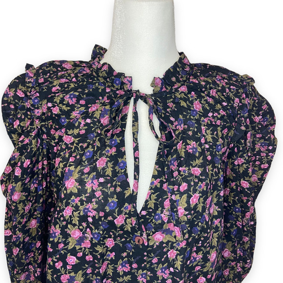 Free People Meant To Be Tie-Neck Blouse in Black Floral Top Long Sleeve - Picture 6 of 13